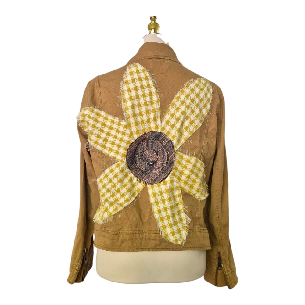 One of a Kind Upcycled Sunflower Jacket Yellow Gingham Flower Moto Jacket Size M